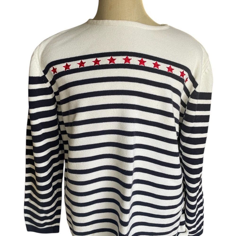 Denim & Co. Striped Sweater with Red Star Accents‎ 1X